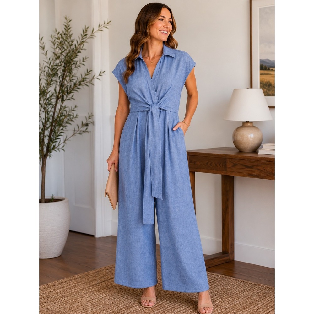 Dazy Womens XL Chambray Look Wide Leg Jumpsuit Tie Front Pockets Coastal Casual